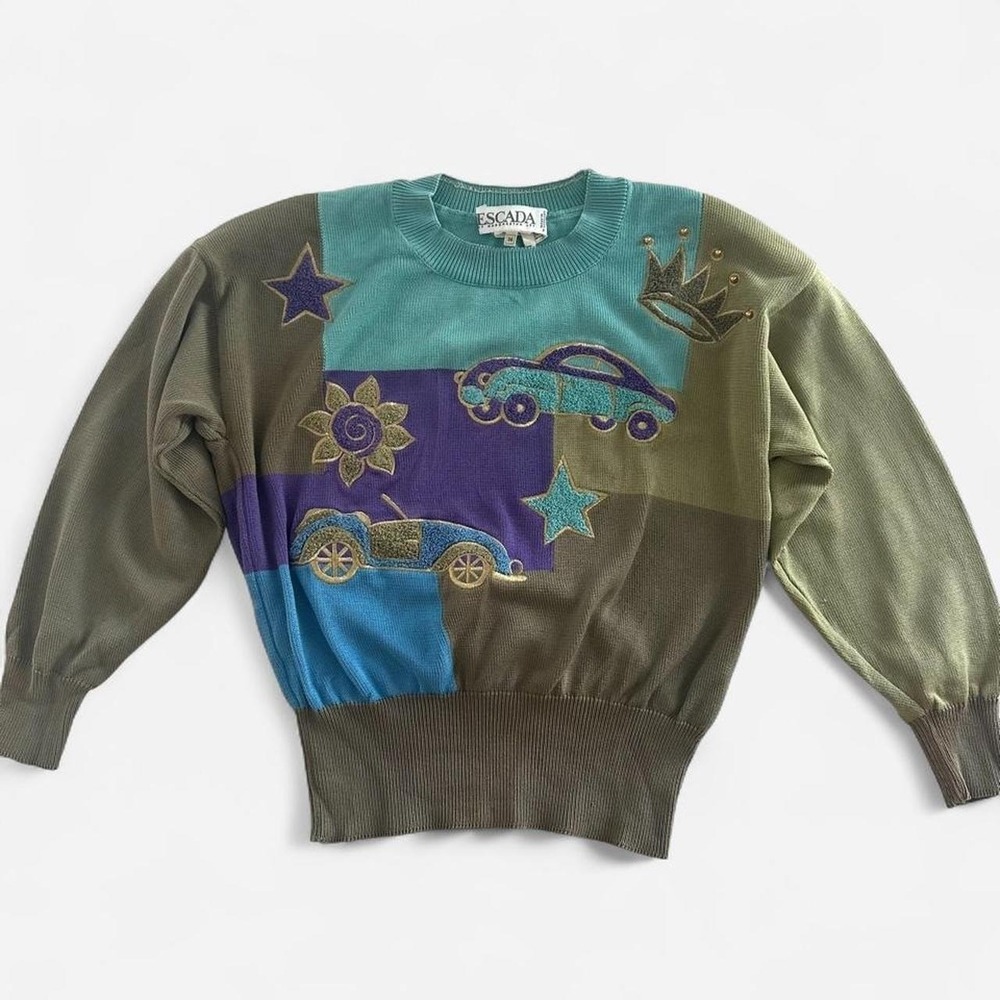 Escada Margaretha Ley Vintage Colorblock Car Applique Sweater W-Germany 80s